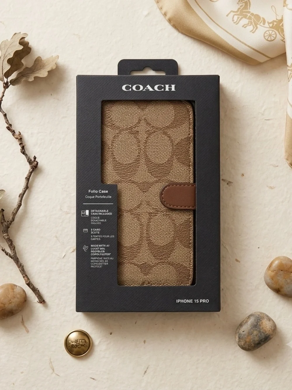 NEW Coach Signature Print Luxury iPhone 15 Pro Folio  w/Wallet & Detachable Case